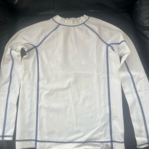 Lands' End White Swim Top with Navy Logo and Trim for boys.